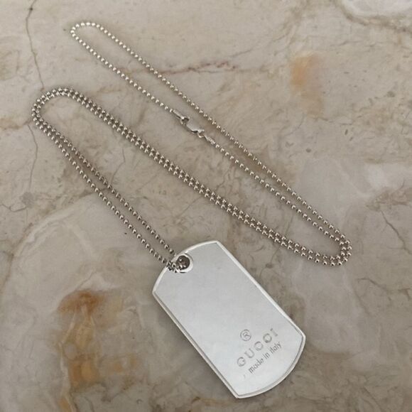 Gucci 925 Sterling Silver Dog Tag & 30” Ball Chain Unisex - Picture 1 of 12